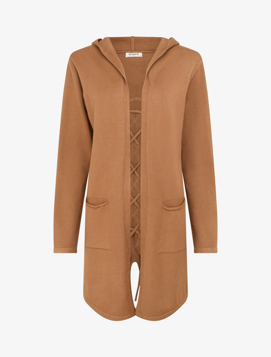 Gilet long uni à cordons de serrage au dos - Camel - 1