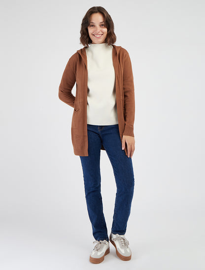 Gilet long uni à capuche - Camel