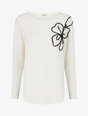 Pull uni à broderie fleur - Blanc - 1