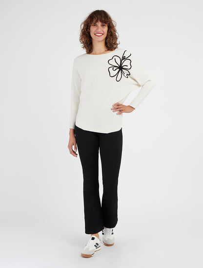 Pull uni à broderie fleur - Blanc - 8