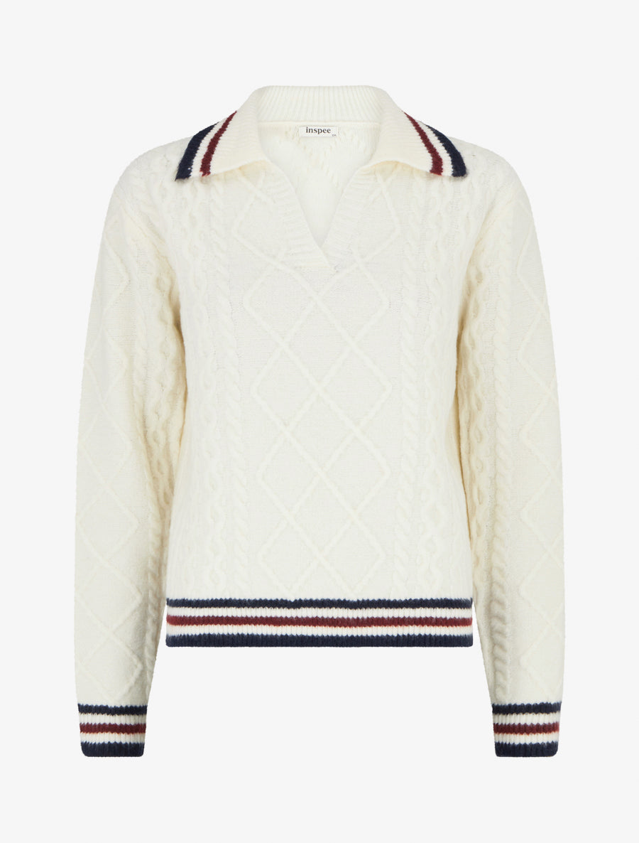 Pull texturé en maille à col V - Écru - 1