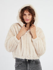 Blouson fourrure synthétique à capuche - Écru