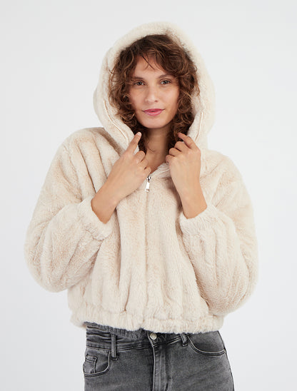 Blouson fourrure synthétique à capuche - Écru
