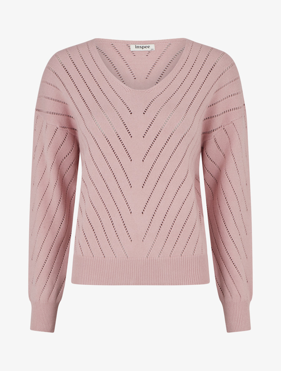 Pull uni ajouré à col V - Rose - 1