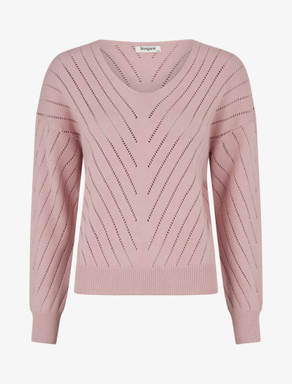 Pull uni ajouré à col V - Rose - 1