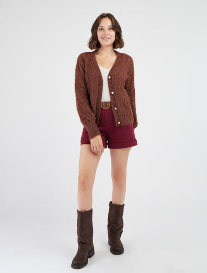 Gilet ajouré encolure V détail irisé - Marron