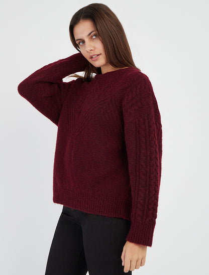 Pull col rond maille texturée - Bordeaux