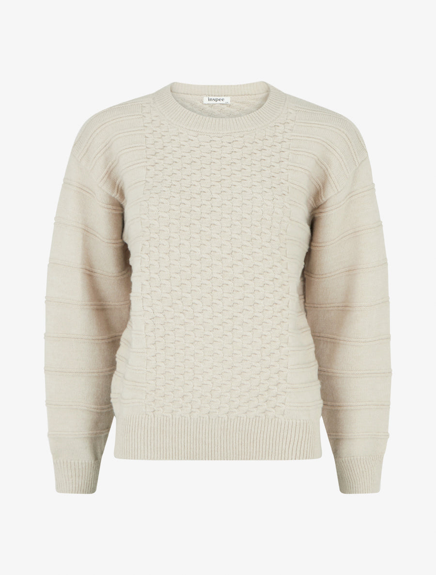 Pull droit à col rond en maille rayé - Beige - 1