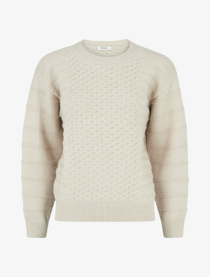 Pull droit à col rond en maille rayé - Beige - 1