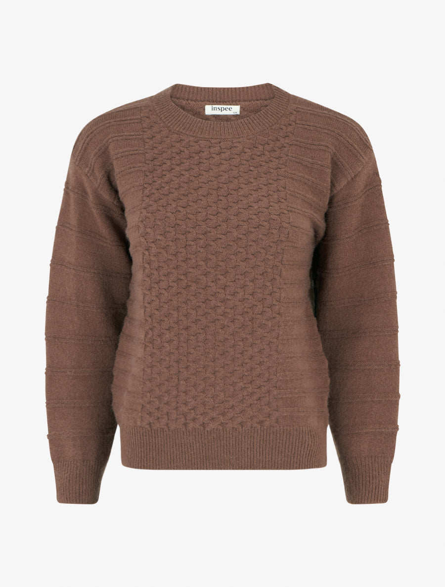 Pull droit à col rond en maille rayé - Marron - 1