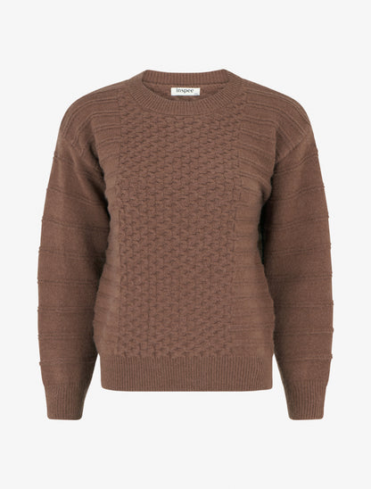 Pull droit à col rond en maille rayé - Marron - 1