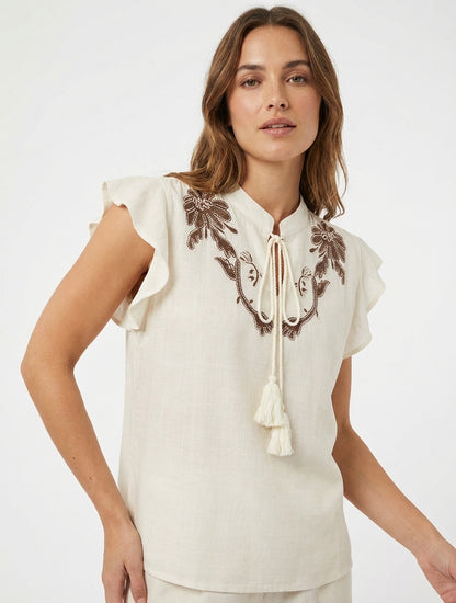 Top fluide col tunisien brodé - Crème