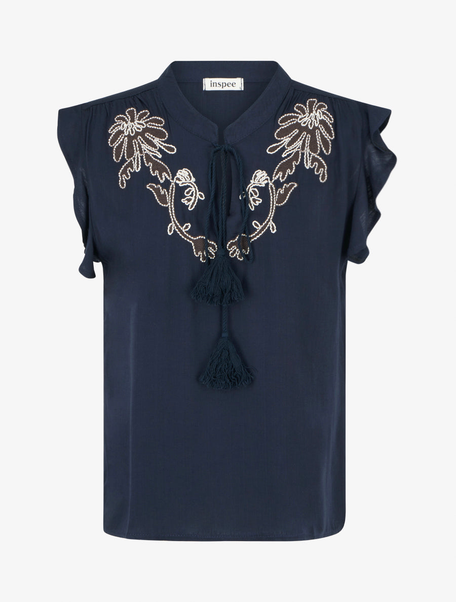 Top brodé à mancherons volantés - Marine - 1