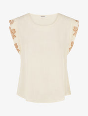 Top uni à mancherons brodés - Beige - 1