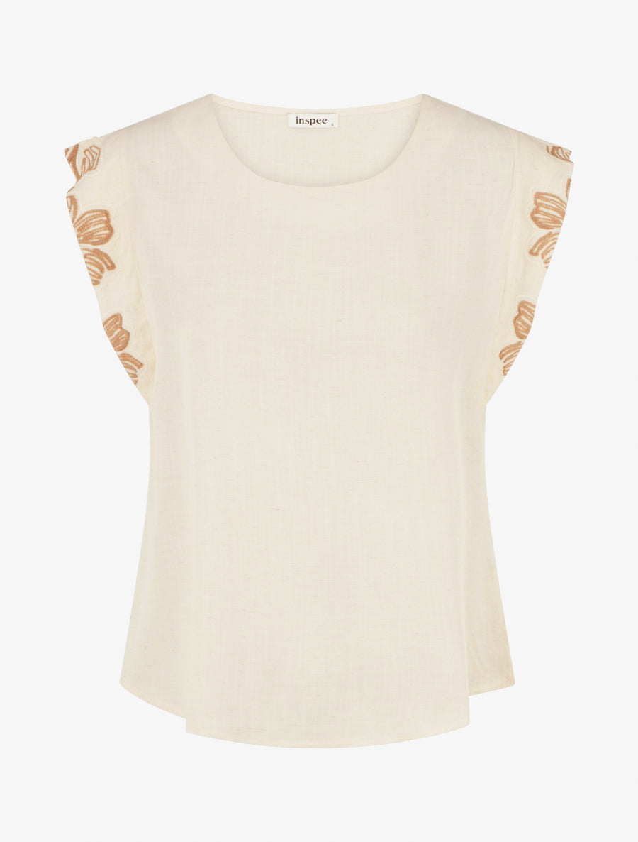 Top uni à mancherons brodés - Beige - 1