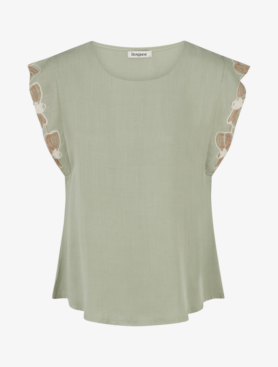 Top uni à mancherons brodés - Kaki - 1