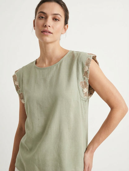 Top fluide à mancherons brodés - Kaki