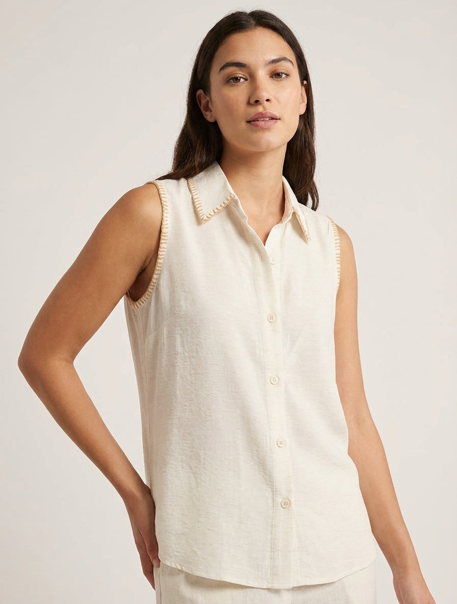 Chemisier fluide col brodé sans manches - Crème