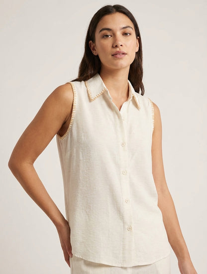 Chemisier fluide col brodé sans manches - Crème