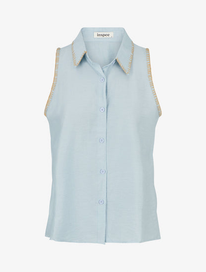 Chemisier uni sans manches boutonné - Bleu ciel - 1