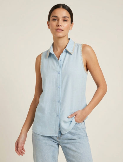 Chemisier fluide col brodé - Bleu ciel