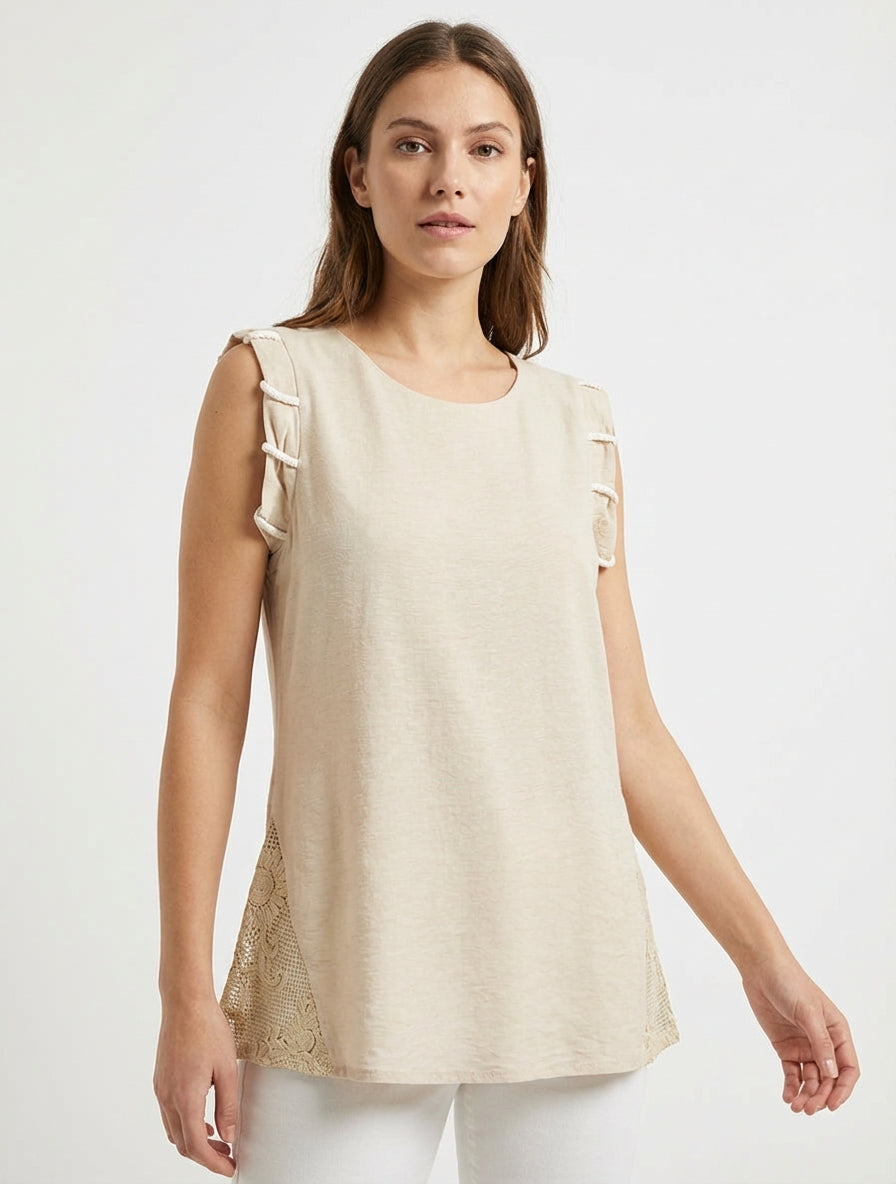 Top uni à détail effet cordes et broderies ajourés - Beige