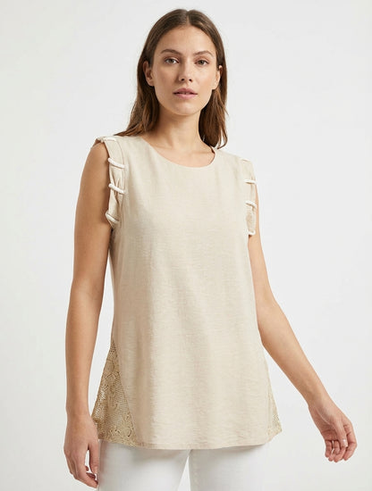 Top uni à détail effet cordes et broderies ajourés - Beige