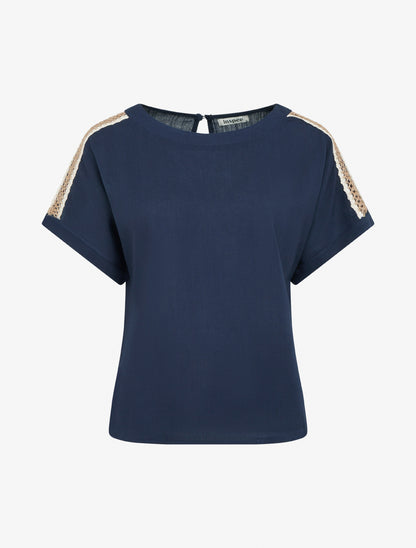 Top manches courtes à broderies ajourés - Marine - 1