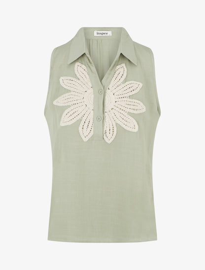 Chemisier sans manches à broderie floral - Vert amande - 1