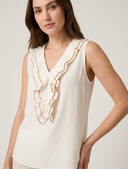 Top fluide col V à volants - Écru
