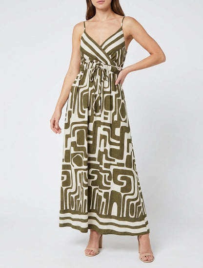 Robe longue imprimé graphique - Kaki