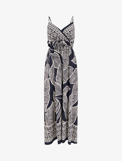 Robe longue imprimé feuilles stylisées - Marine - 1