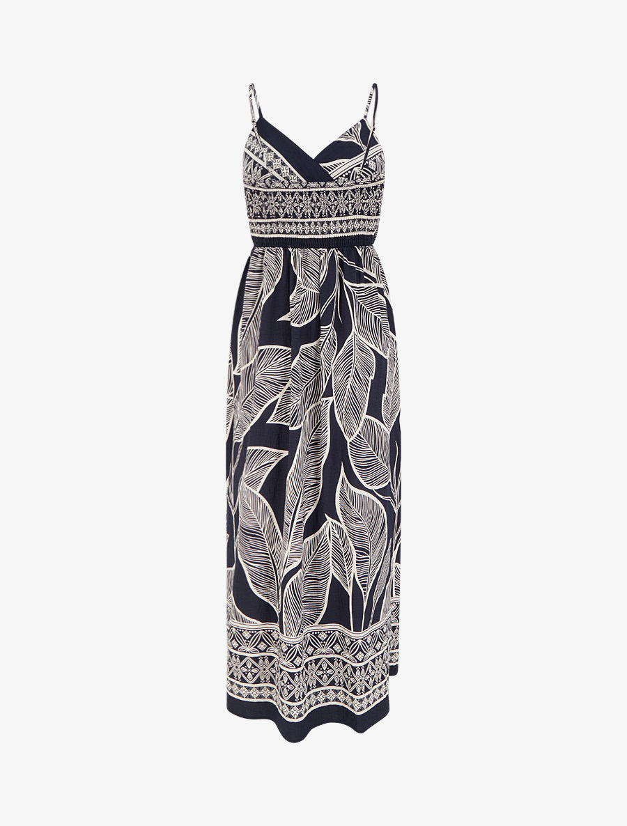 Robe longue imprimé feuilles stylisées - Marine - 2