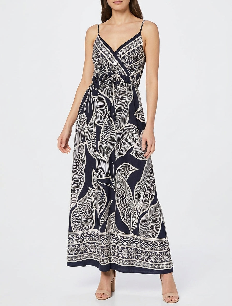 Robe longue imprimé feuilles stylisées - Marine