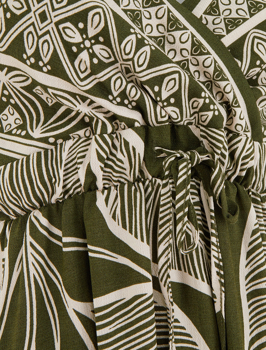 Robe longue imprimé feuilles stylisées - Kaki - 3