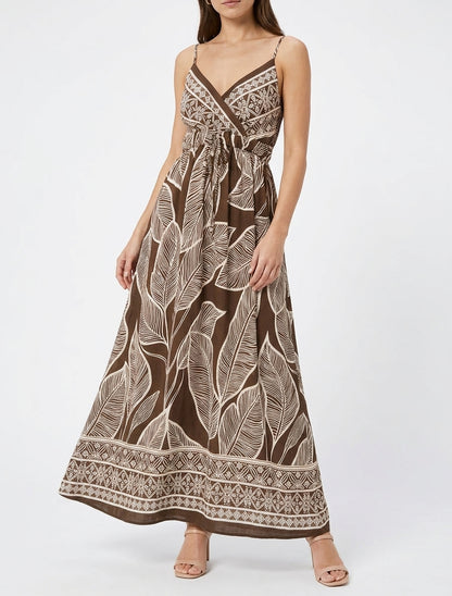 Robe longue imprimé feuilles stylisées - Marron