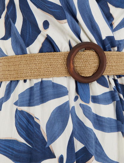 Robe longue évasée imprimé végétal - Marine - 3