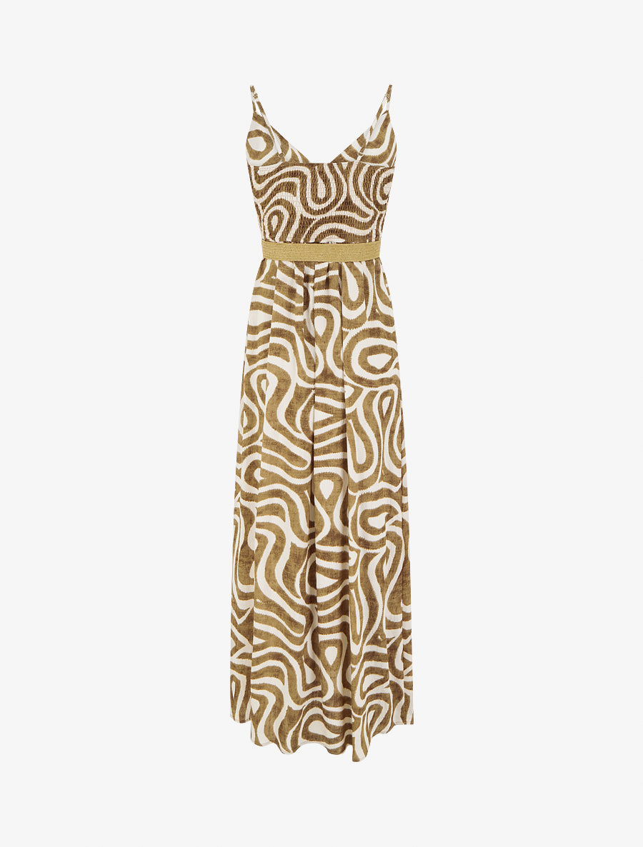 Robe longue évasée imprimé courbes fantaisies - Marron - 2