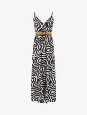 Robe longue évasée imprimé courbes fantaisies - Noir - 1