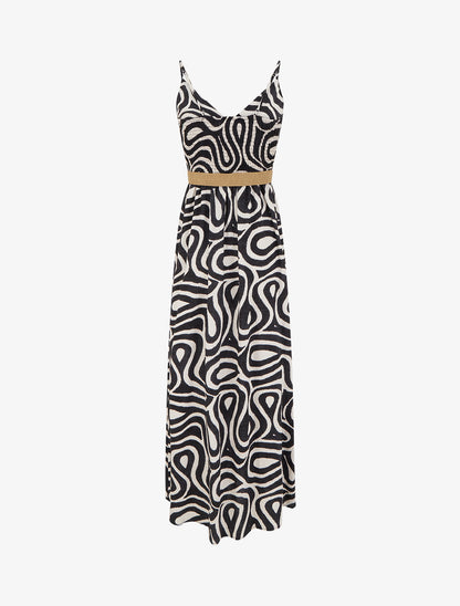 Robe longue évasée imprimé courbes fantaisies - Noir - 2
