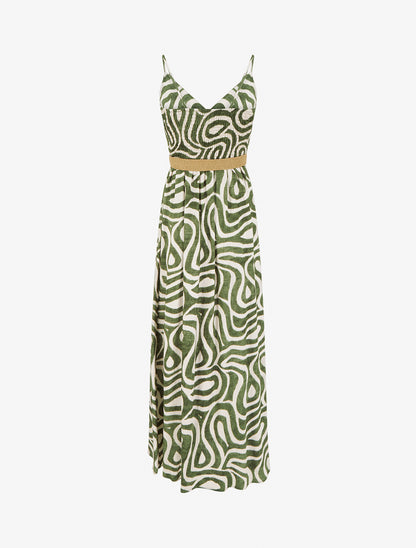 Robe longue évasée imprimé courbes fantaisies - Kaki - 2