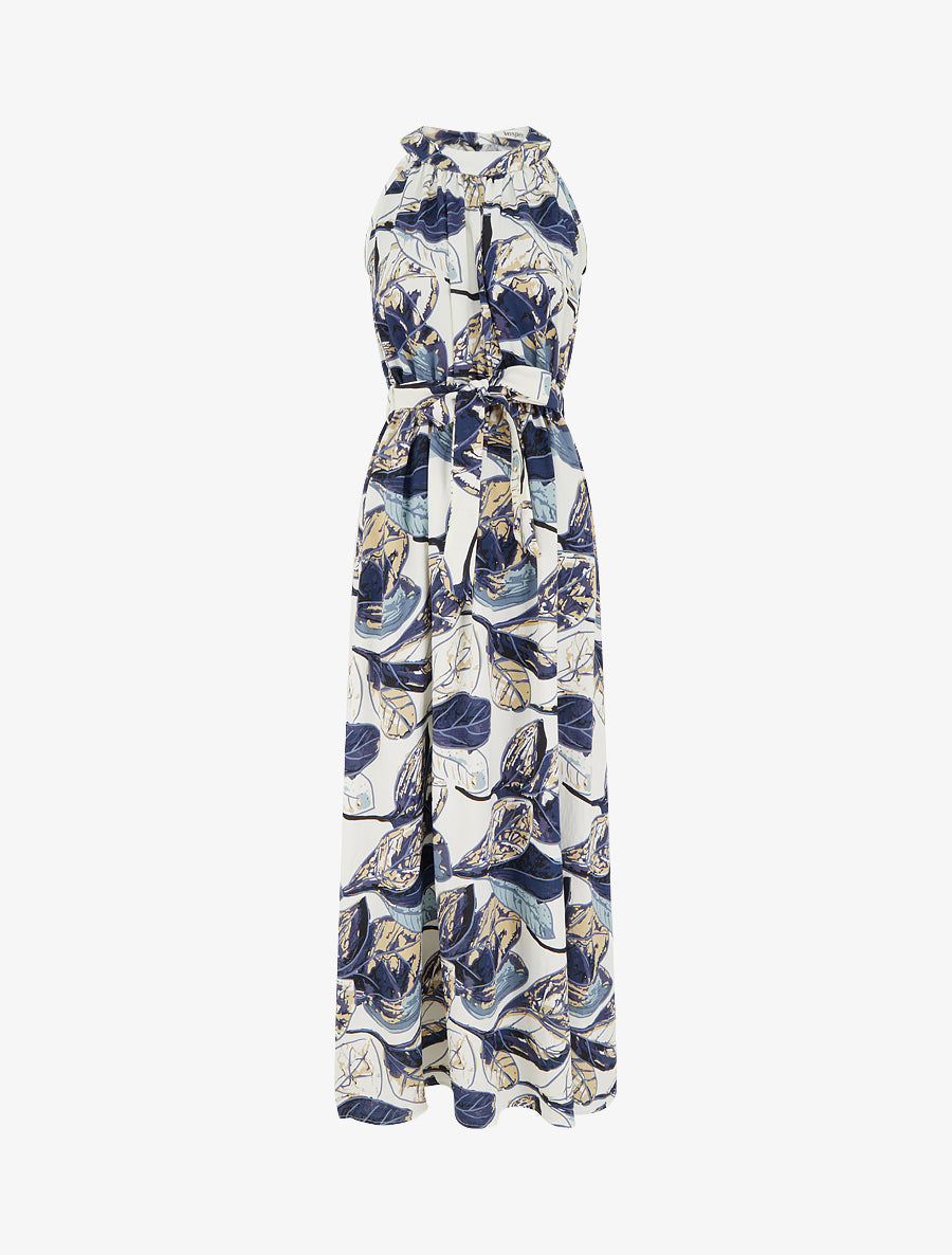 Robe longue élastiquée imprimé feuillage - Marine - 1