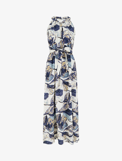Robe longue élastiquée imprimé feuillage - Marine - 1