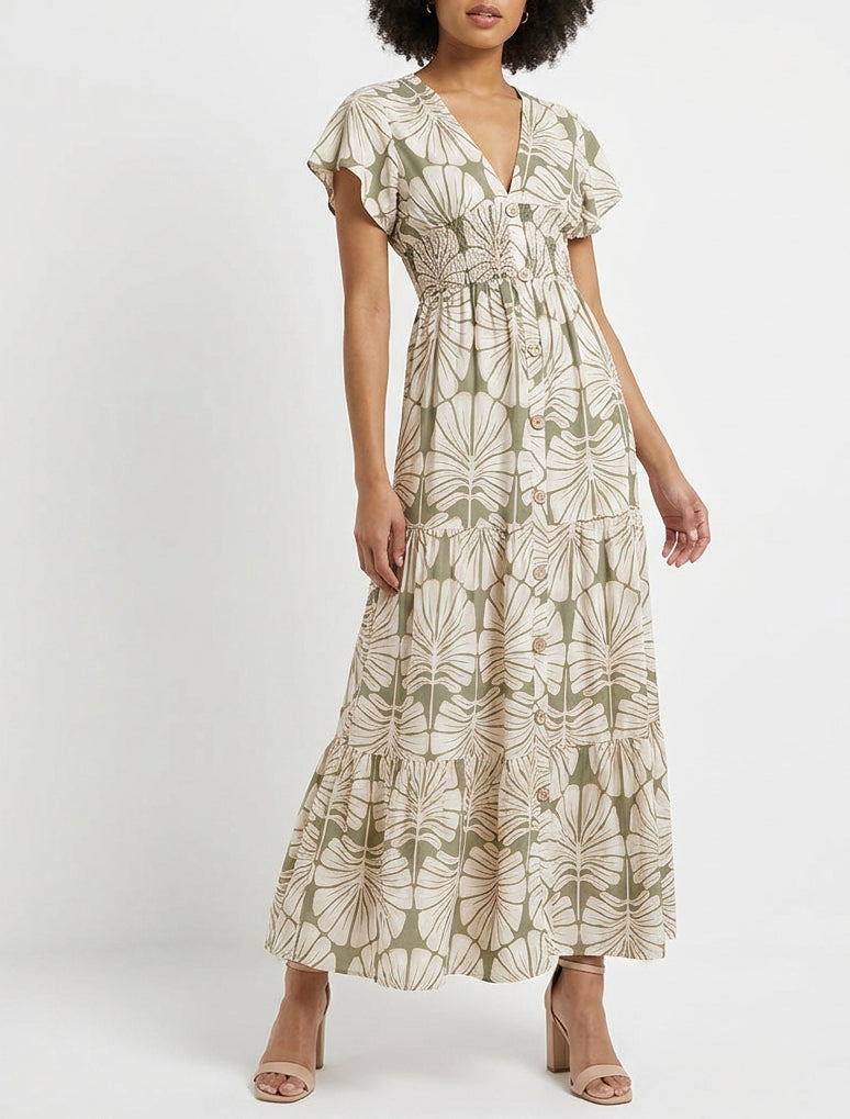 Robe longue manches courtes imprimé grandes feuilles - Kaki