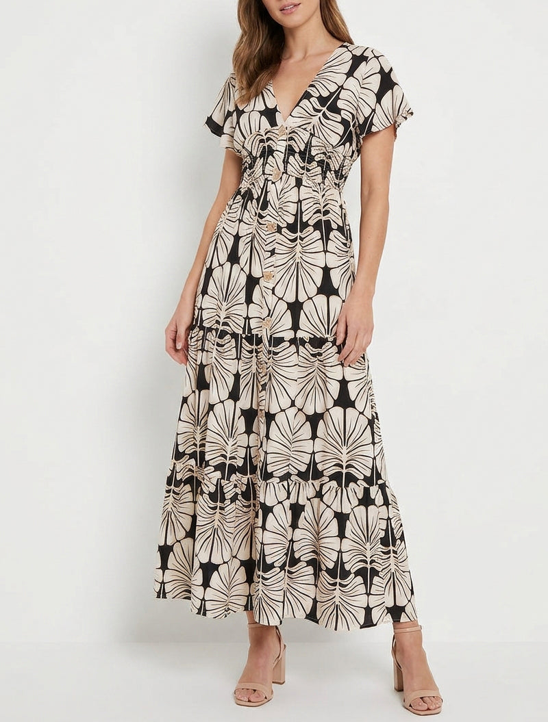 Robe longue manches courtes imprimé grandes feuilles - Noir