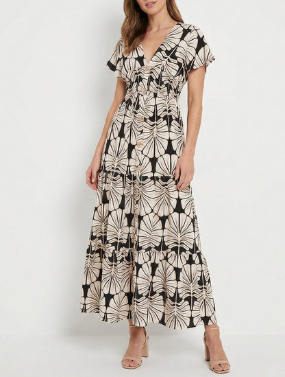 Robe longue manches courtes imprimé grandes feuilles - Noir