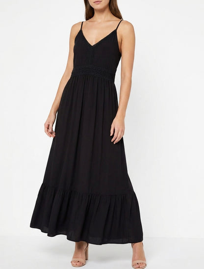 Robe longue unie à taille en dentelle - Noir