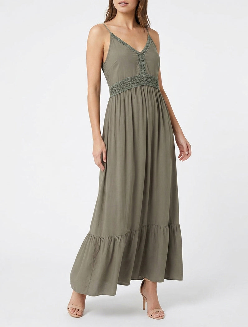 Robe longue unie à taille en dentelle - Kaki
