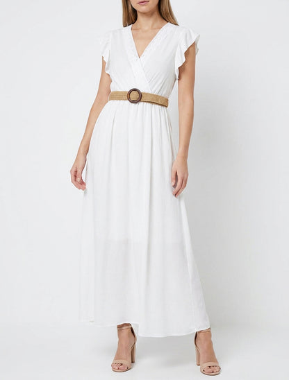 Robe longue unie à col cache-coeur - Blanc
