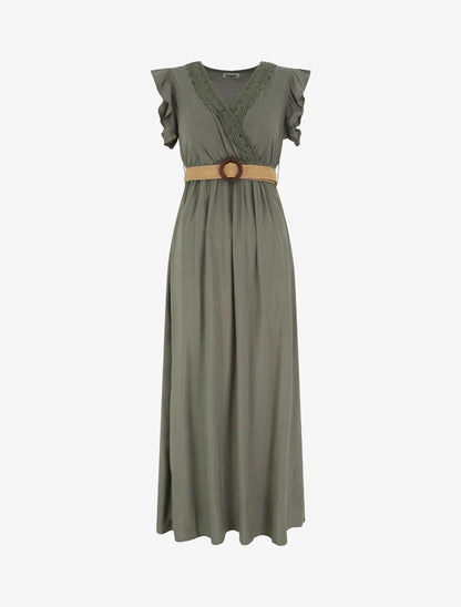 Robe longue unie à col cache-coeur - Kaki - 1